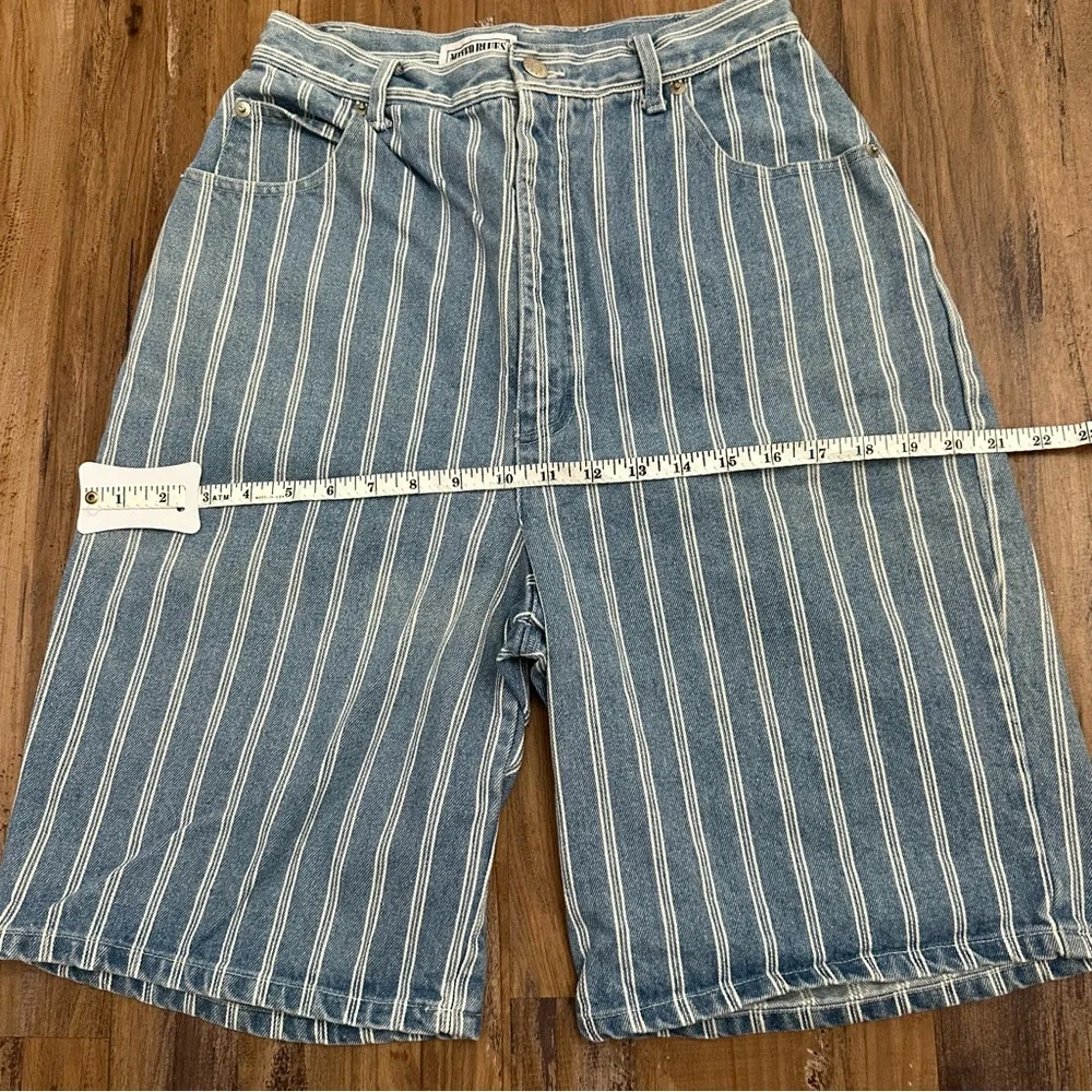 VTG 80s 90s High Waist Long Baggy Bermuda Blue & White Stripe Jean Denim Shorts